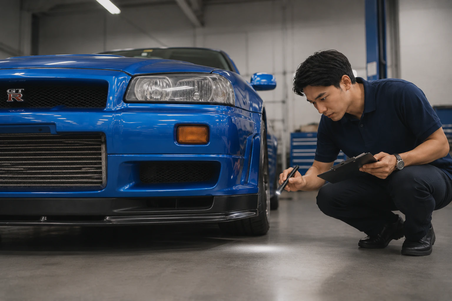 スカイラインGT-R R34を査定するスタッフ