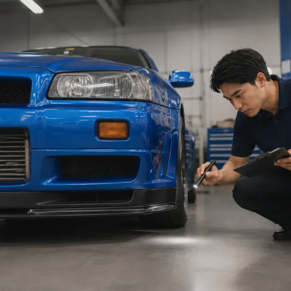 スカイラインGT-R R34を査定するスタッフ