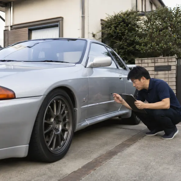 スカイラインGT-R R32を査定するスタッフ